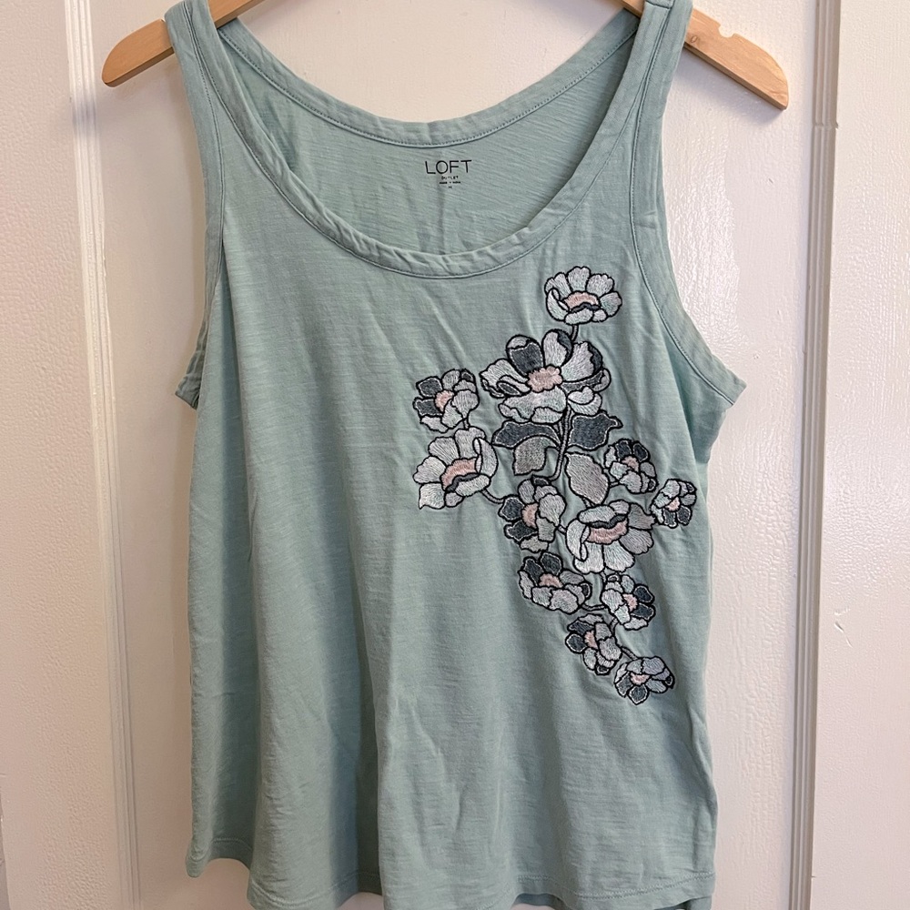 Loft Floral Embroidered Teal Tank M